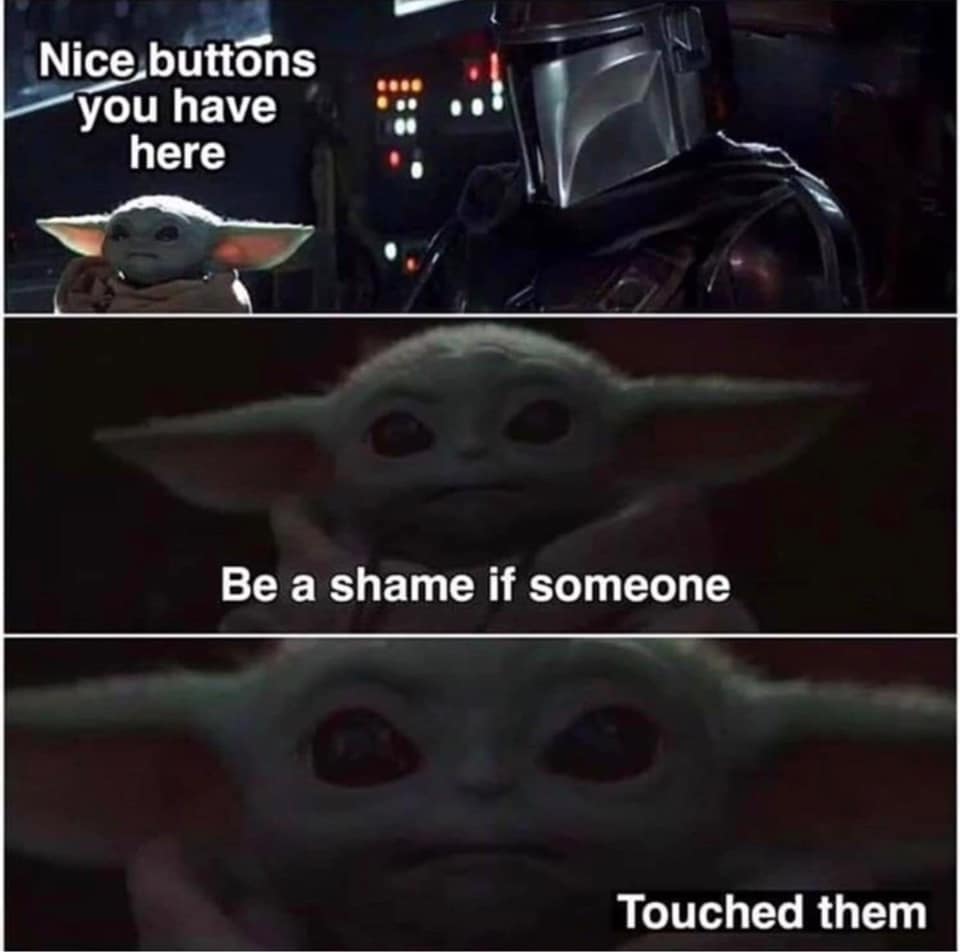The meme is a screenshot from a 2019 Star Wars film, "The Mandalorian." It features a character, "The Child" (also known as Baby Yoda), with a disapproving expression. The text at the top of the image reads "When someone tells you to 'be the adult in the room' but you're still a child" and at the bottom, "In space, no one can hear you scream... but your parents can hear you whine."